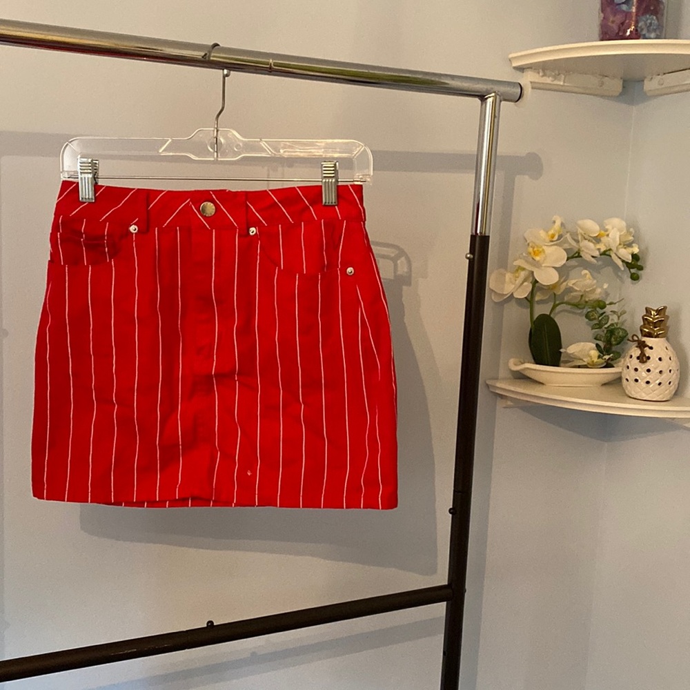 Denim red pinstripe mini skirt